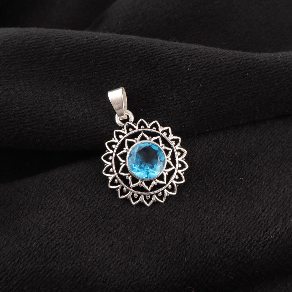 Swiss Blue Topaz Gemstone 925 Sterling Silver Jewelry Handcrafted Pendant  1.14" CP-30-4