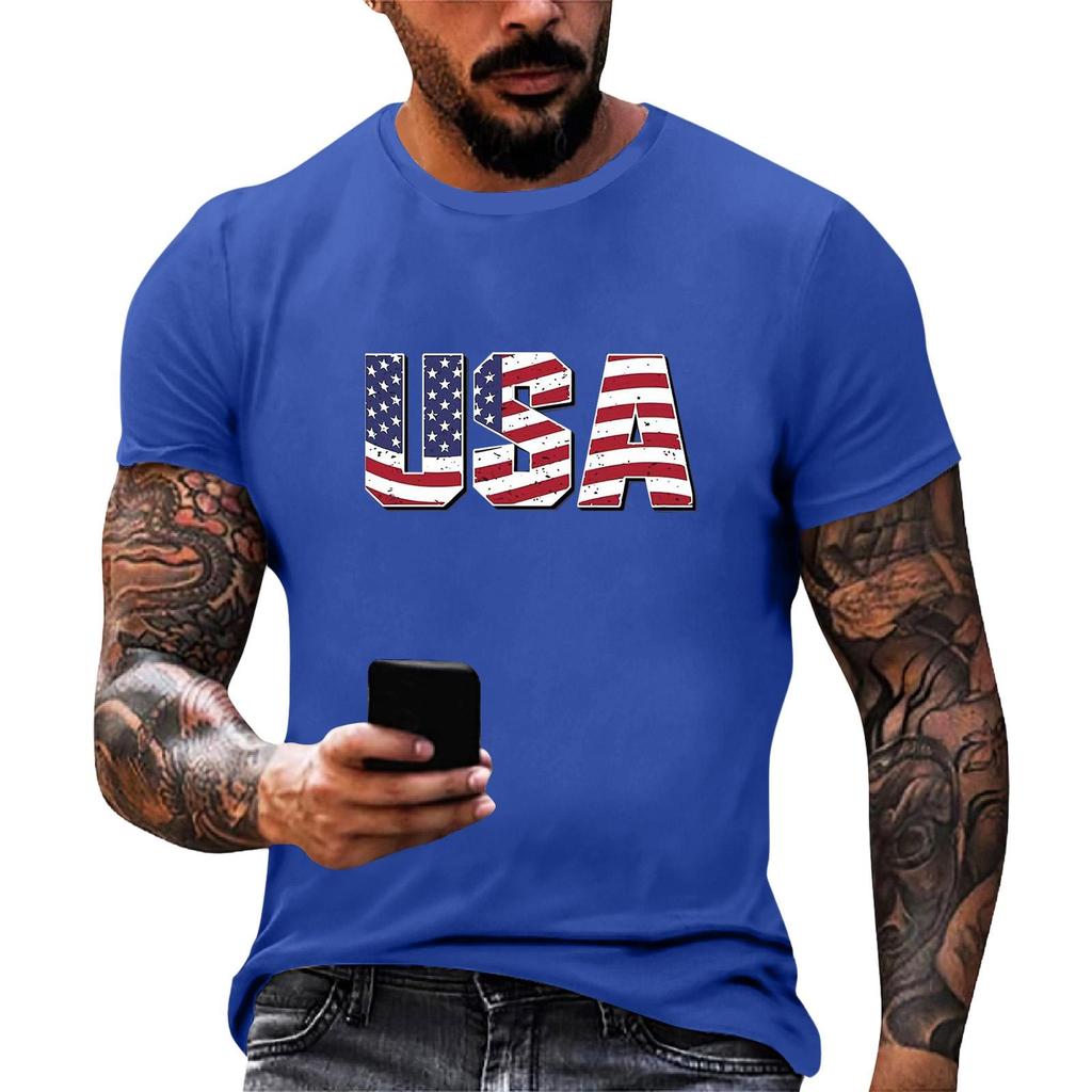 Men's Short Sleeve Loose Fit T Shirt with USA Flag Print Crew Neck Casual Summer Top for Daily Wear Holiday Events