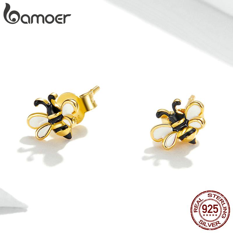 BAMOER 925 argint sterling placat cu aur email albine vii cercei crampoane pentru femei bijuterii de modă