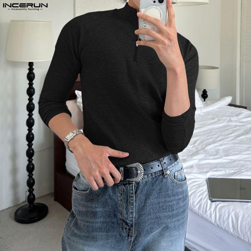 INCERUN Spring Men's Zip-up High Neck Long Sleeve Rib Fitted T-shirts Tops Undershirts
