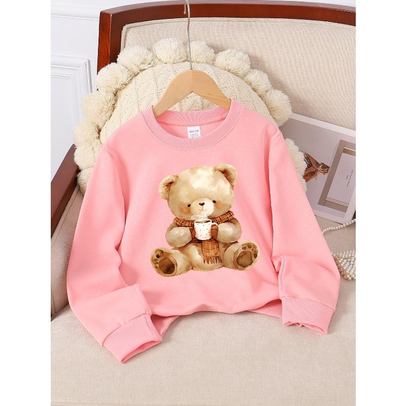 European Sizes Youth Crewneck Sweatshirt Featuring a Teddy Bear with a Coffee Mug And Scarf, Ideal for Sports And Casual Outings, Soft And Cozy
