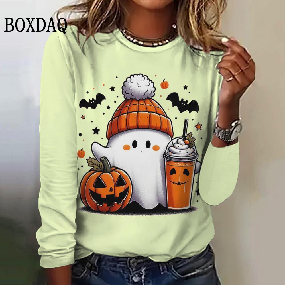 Cute Cartoon Women's Long Sleeved T-Shirts Halloween Ghost Round-Neck Loose Clothing Fashions Festival Casual Ladies Shirts Tops