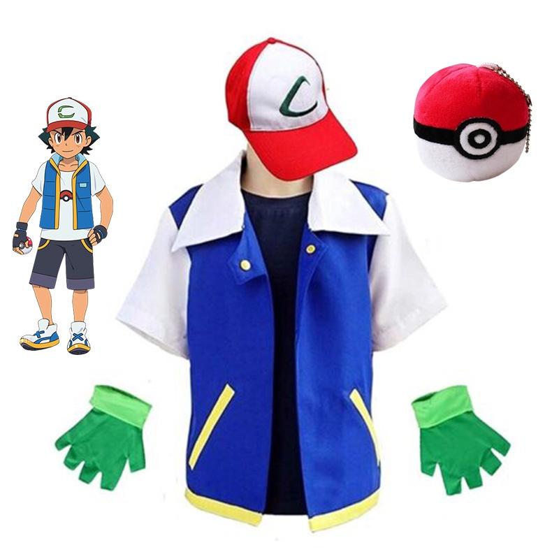 Pokemon Ash Ketchum Cosplay Kostüm Komplettset Erwachsene Jacke Handschuhe Hut Halloween Hohe Qualität Elastisches Weiches Polyestermaterial