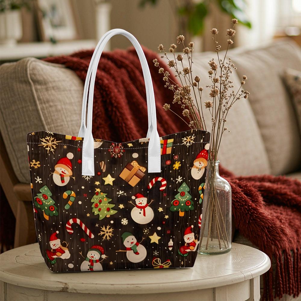 Christmas Snowman Pattern Tote Bag Festive Gift Shoulder Handbag for Daily Use