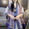 Women's Retro Ethnic Silk Scarf with Frog Button Shawl for Sun Protection