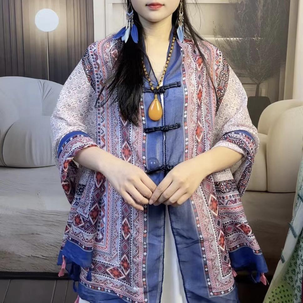 Women's Retro Ethnic Silk Scarf with Frog Button Shawl for Sun Protection