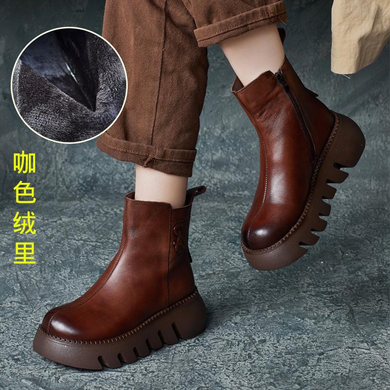 Women's Boots 2026 New Handmade Cowhide British Style Round Toe Short Boots with Side Zipper Thick Sole Women's Boots