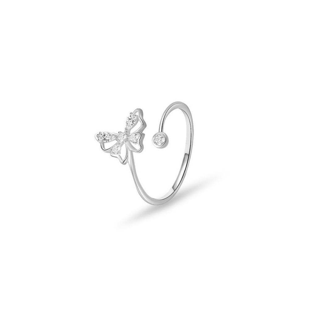 Fashion Adjustable Open Acrylic Crystal Butterfly Ring For Women Silver Color Zircon Finger Ring Party Jewelry