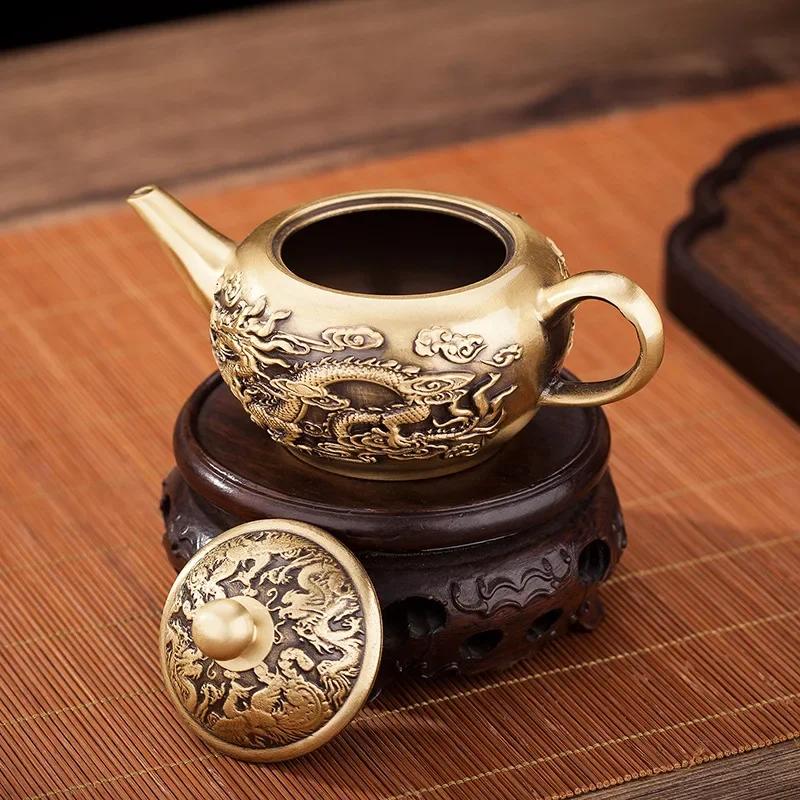 Brass Vintage Dragon Phoenix Chengxiang Tea Pot Office Desktop Home Decoration Crafts  Small