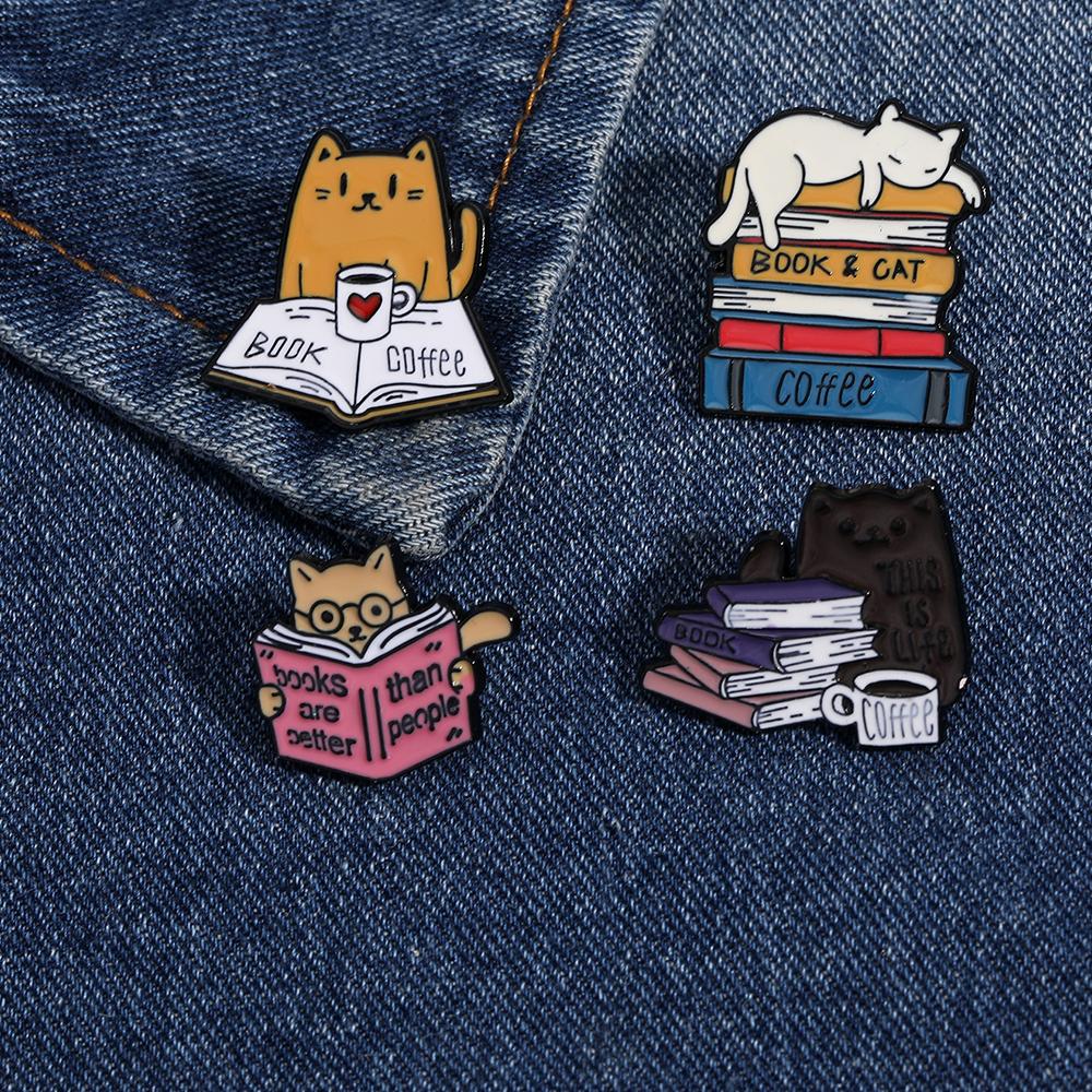 4 Styles Cute Cat &Book And Coffee Design Enamel Brooches Kitten Kitty Reading Drinking Enamel Pins For Pet Lovers Gif T