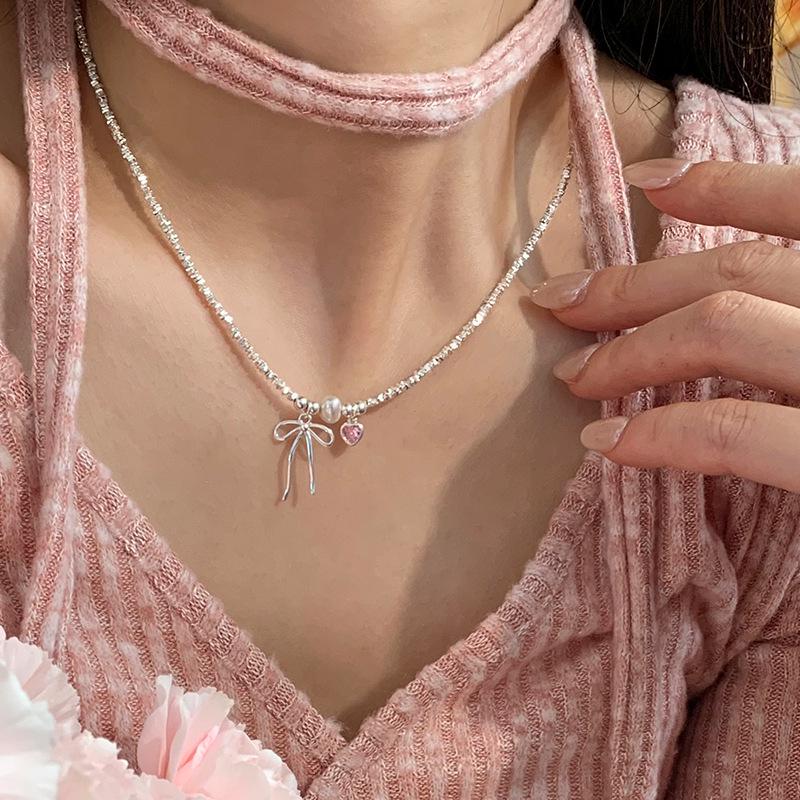 S925 Sterling Silver Pink Heart Bow Pearl Bracelet for Women