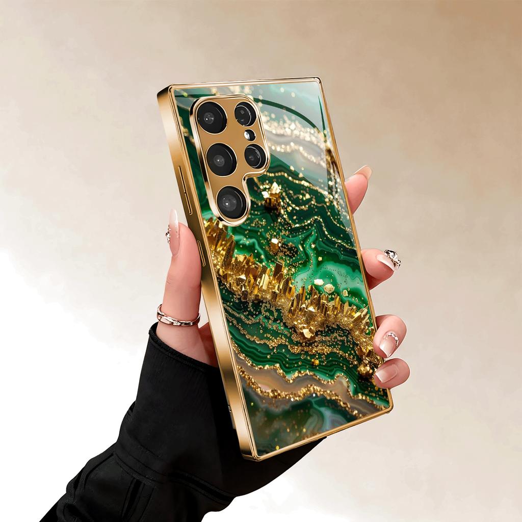 Gold-plated tempered glass phone case, compatible Galaxy S26 S25 S24 S23 S22 Ultra Plus. Features a green gold textured design.