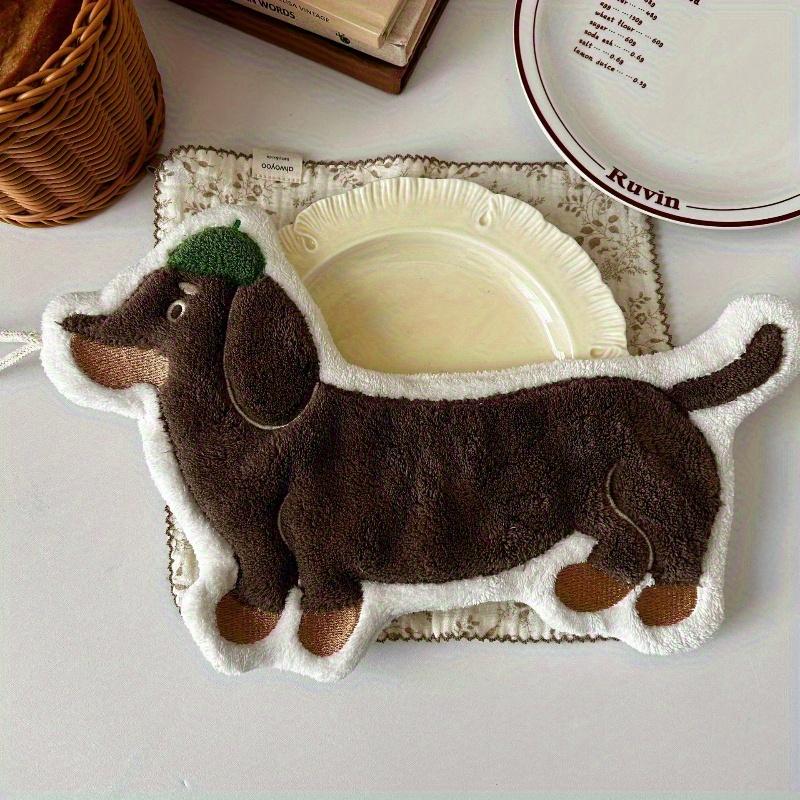 1pc Modern Embroidered Dachshund Hand Towel Super Absorbent Coral Fleece Bath Towel with Cute Cartoon Dog Face Green Hat Design
