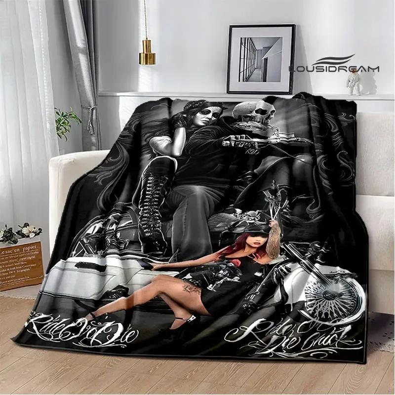 Retro Totenkopf Motorrad bedruckte Decken Picknickdecke Flansch Warme Decke Haus Reise Decken Bettwäsche Geburtstagsgeschenk