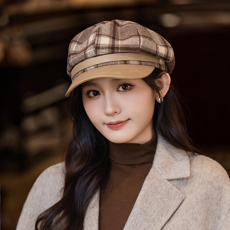 Flattening Cap Women, Beret Newsboy Hat for Small Face, British Style Autumn Winter Octagonal Hat