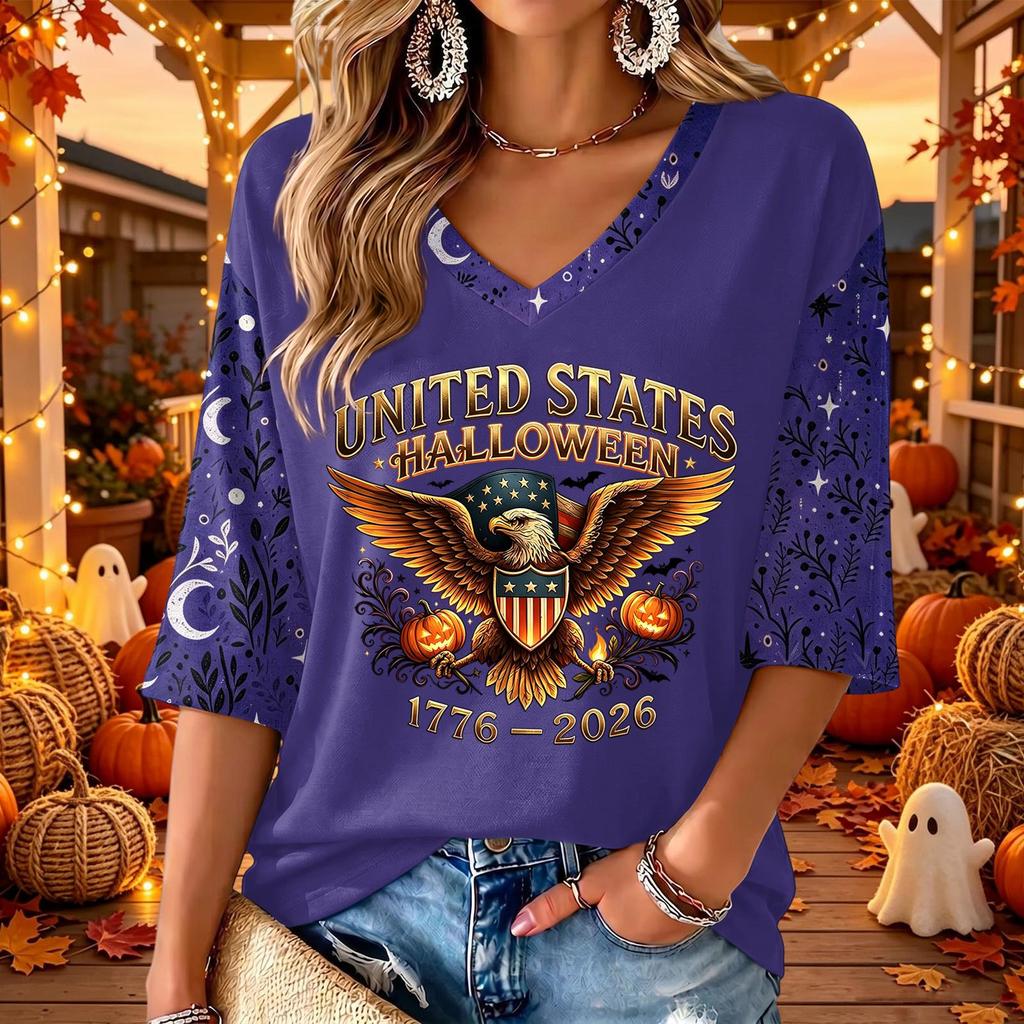 Women's Casual Halloween Printed V-Neck Three-Quarter Sleeve Top