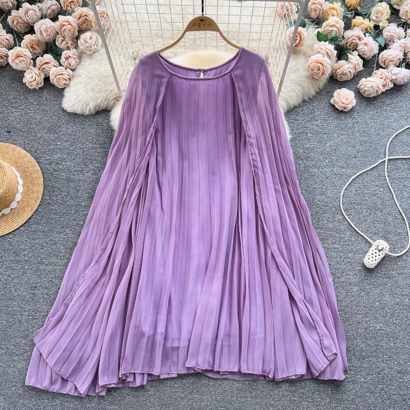 Vår Ny O-hals Kappe Kjoler Tungt Rynket Løs A-linje Kjole for Kvinner Y2k Middels lengde Rett Kvinnekjoler