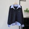 Splicing Shirt Fake Two-piece Knitted Sweater Top Autumn and Winter New Design Sense Loose and Thin Sweater Pullover Woman