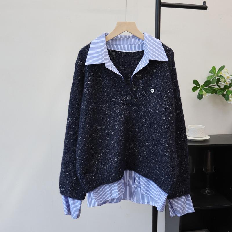 Splicing Shirt Fake Two-piece Knitted Sweater Top Autumn and Winter New Design Sense Loose and Thin Sweater Pullover Woman