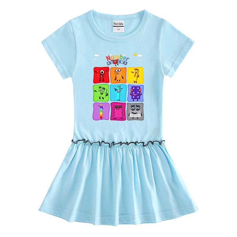 Summer Cartoon Raglan Color Block Pleated Dress for Girls