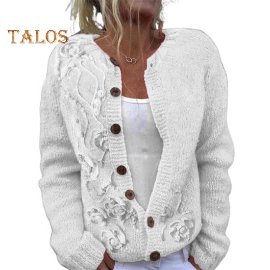 Dámský svetr Cardigan s kulatým výstřihem, dlouhým rukávem, 3D květinovým vzorem, zapínání na knoflíky, pletená bunda, zesílená teplá podzimní zimní top