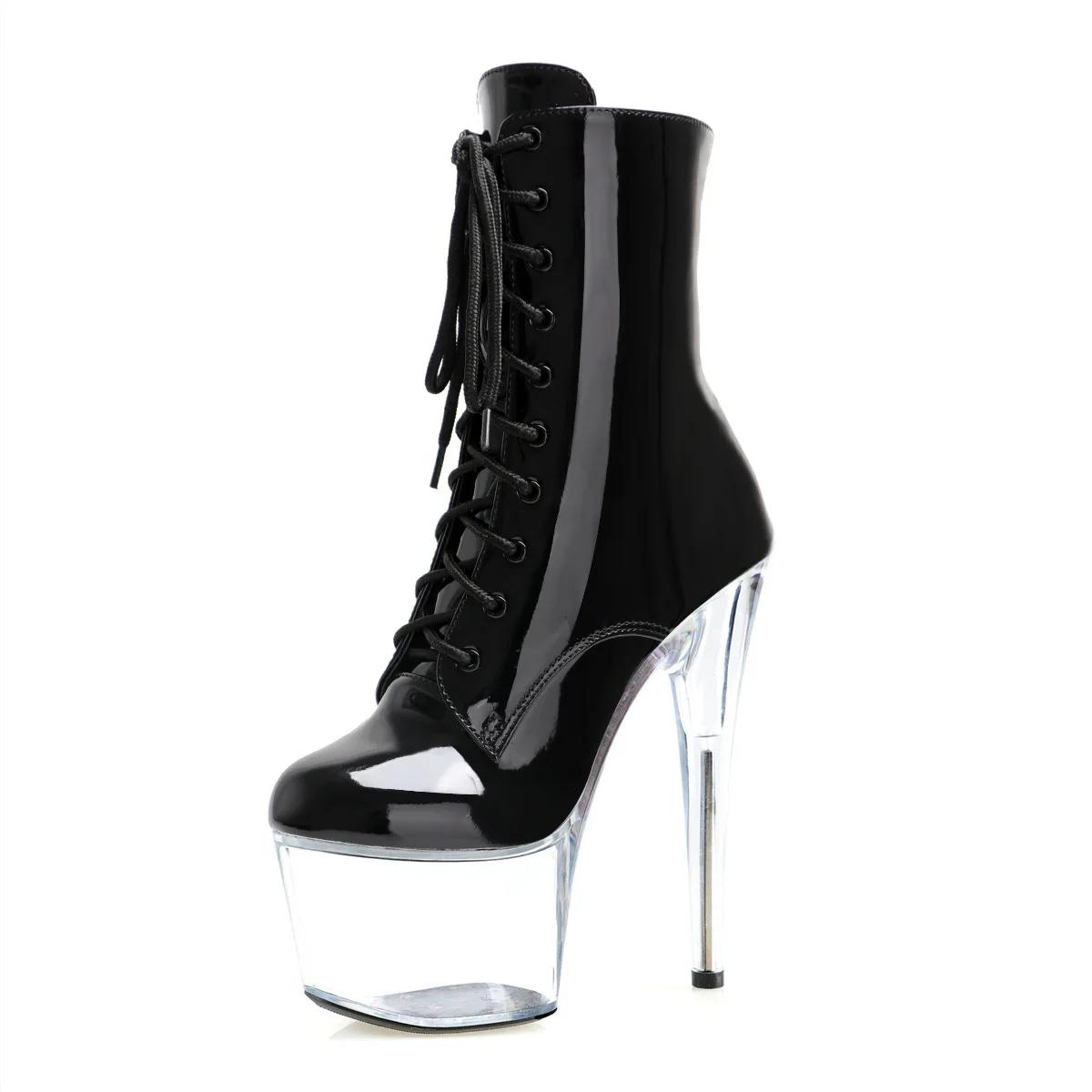 

British Style Women Boots Mid Calf New Front Tie Strap Short Boots Steel Pole Dance Nightclub High Heel17CM Stiletto Women Shoes 35