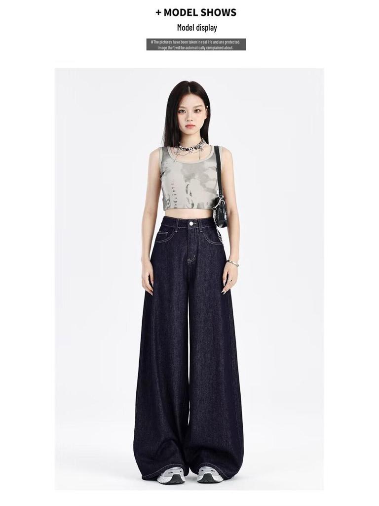 Women's American-Style Dark Blue Summer Jeans - Light, Straight-Leg, Loose Wide-Leg Pants