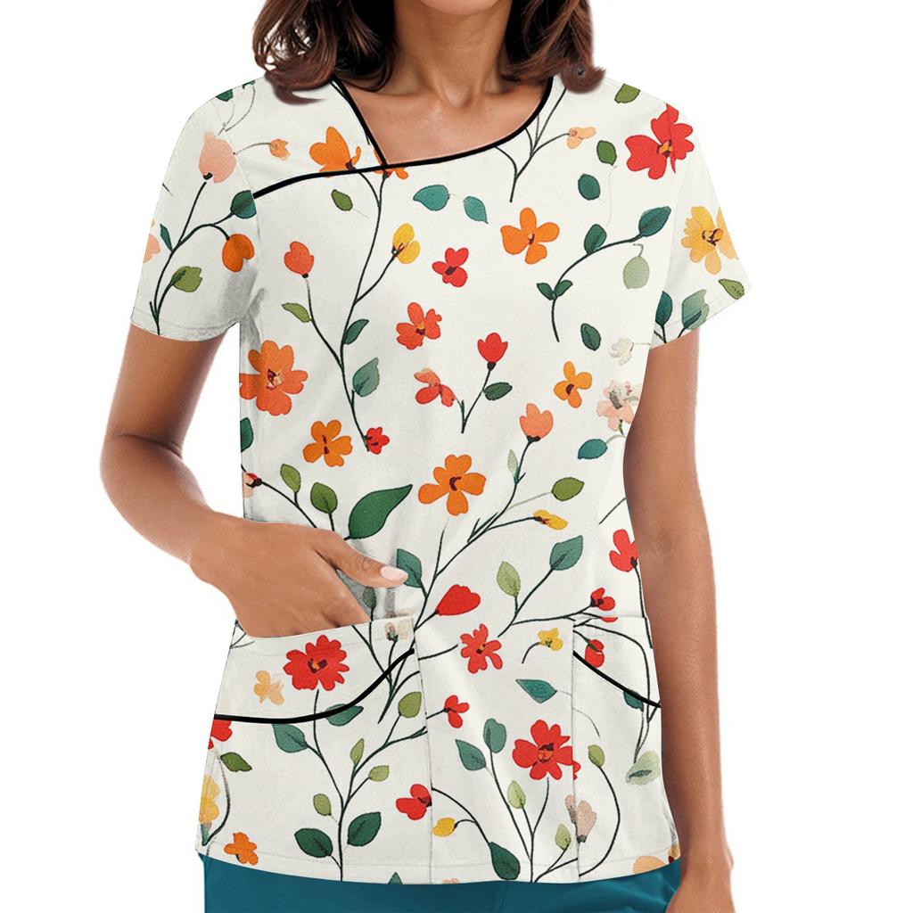 Damen Bedruckte Arbeitskleidung, Schräger Kragen und Doppellagige Taschen, Basic Oberteil Pullover