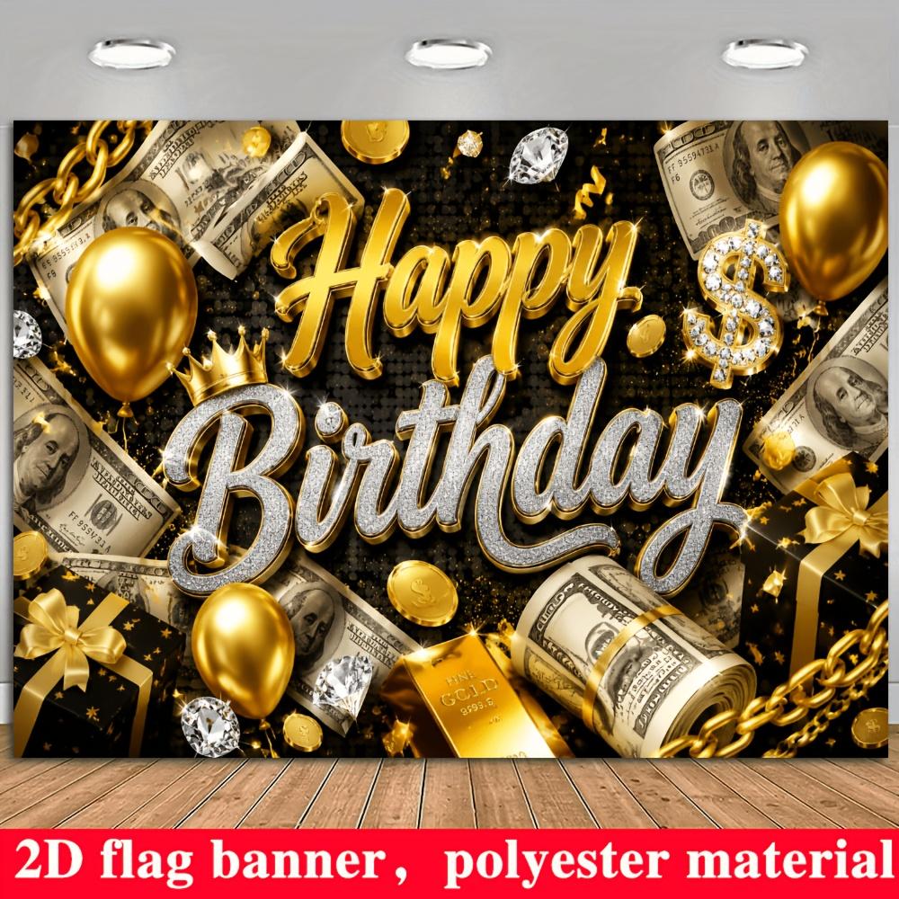Black Gold Luxury Birthday Party Backdrop Banner, Cash Gold Bars Balloons Diamond Gift Photo Background, Polyester Indoor Outdoor Wall Decor
