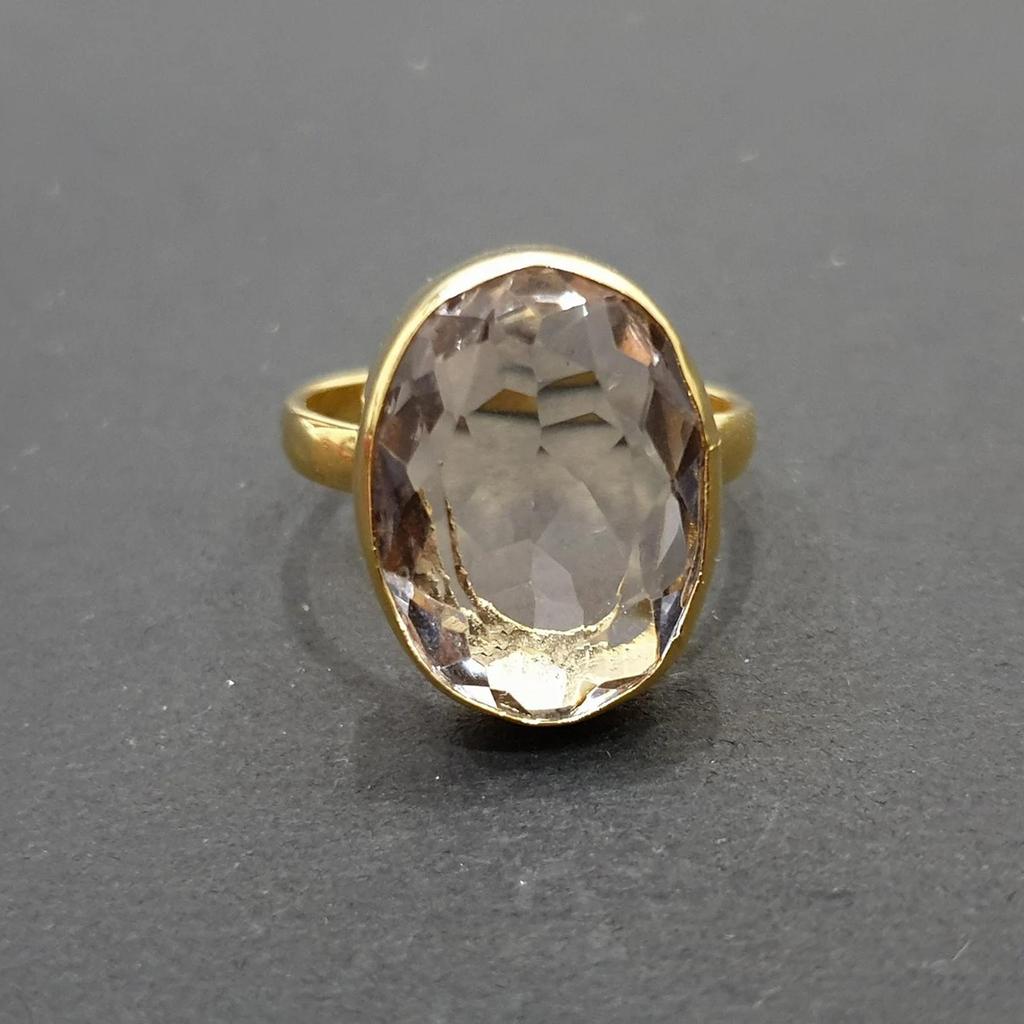 Crystal Clear Quartz 925 Sterling Silver Yellow Gold Overlay Handmade Ring Jewelry