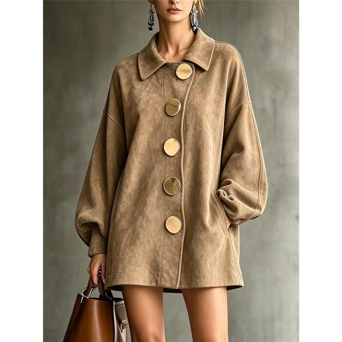 Women Lapel Suede Coat Big Gold
