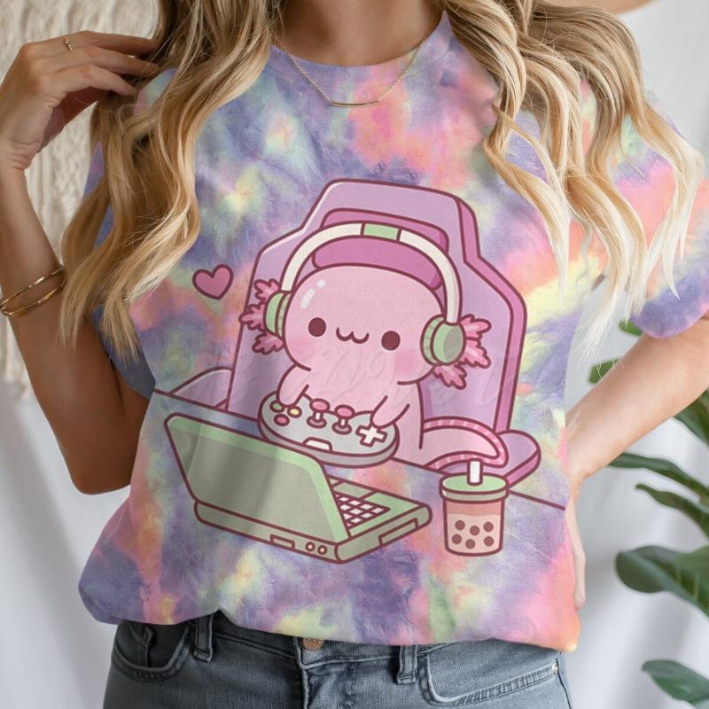 Cute Axolotl Playing Games T-shirt Female Casual Summer Drink Top Tie Dye Boba Tea Cartoon T-shirts Gamer Funny Short Sleeve Tee