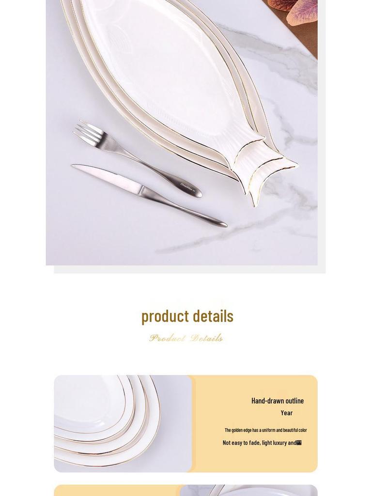 Gold-Rimmed Nordic Fish-Shaped Ceramic Plate for Steamed Fish - Large Household Dish