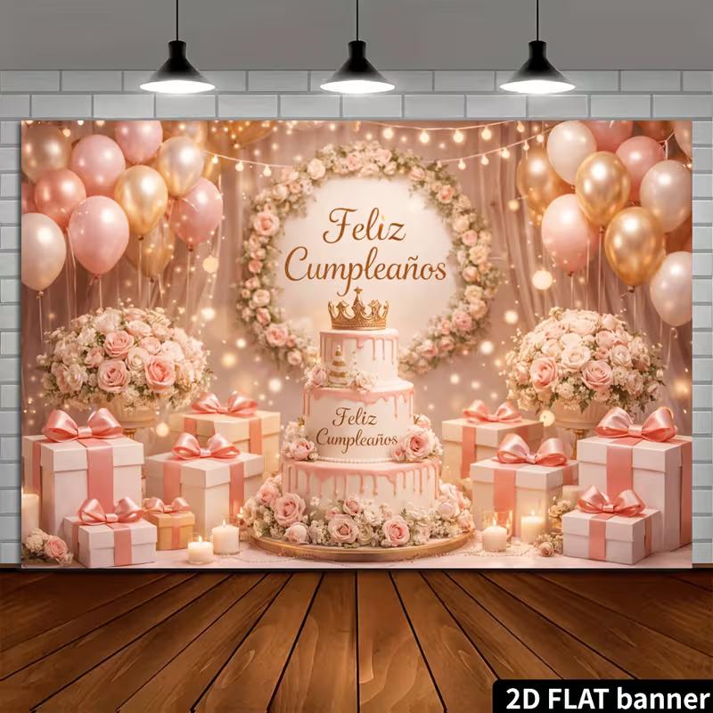 2D Floral Crown Cake & Balloon Photography Background
