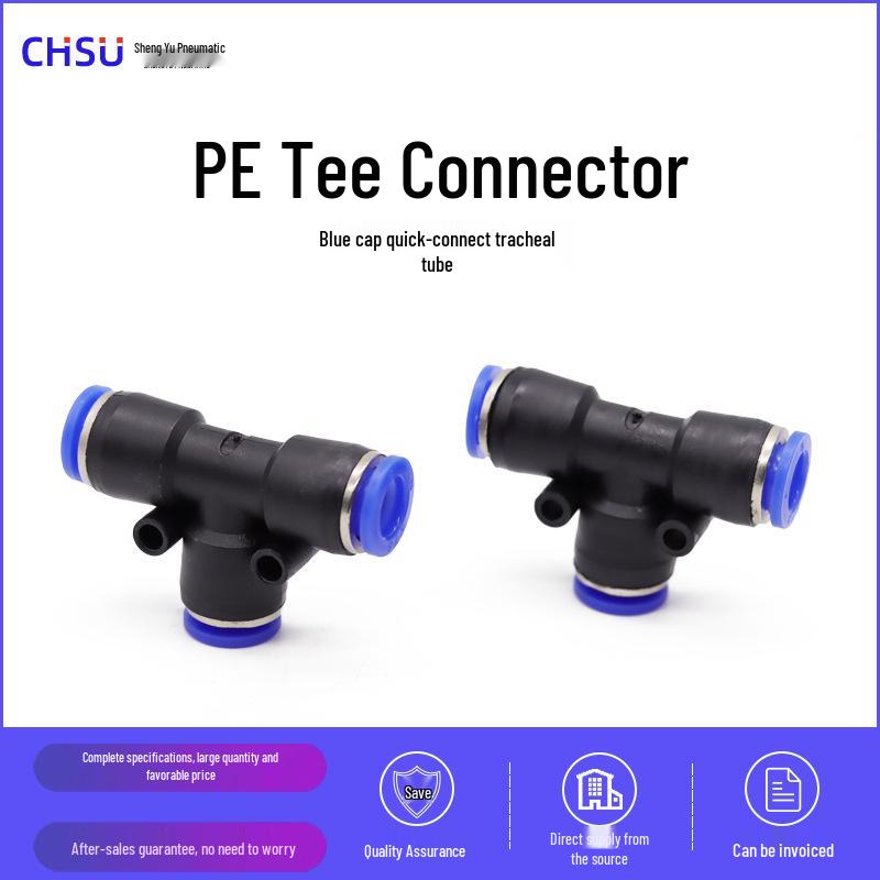 Blue T-Type Pneumatic Quick Connector, PE-8-16, for Air Compressors