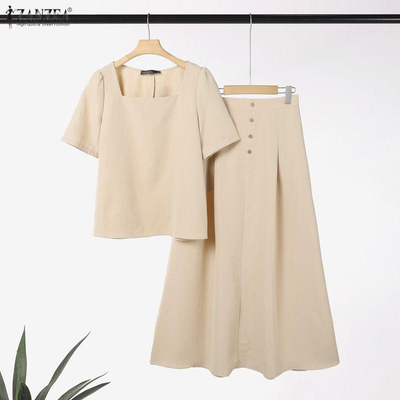 ZANZEA Women Short Sleeve Blouse and Long Skirts Casual Two Piece Suit Sets