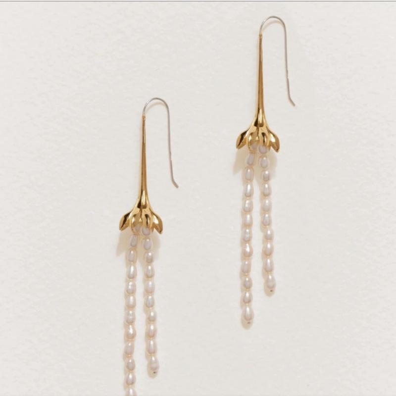 Personality Trend Brass Plated 18K Real Gold Lotus Natural Pearl Tassel Hook Earrings Fashion Earrings Women