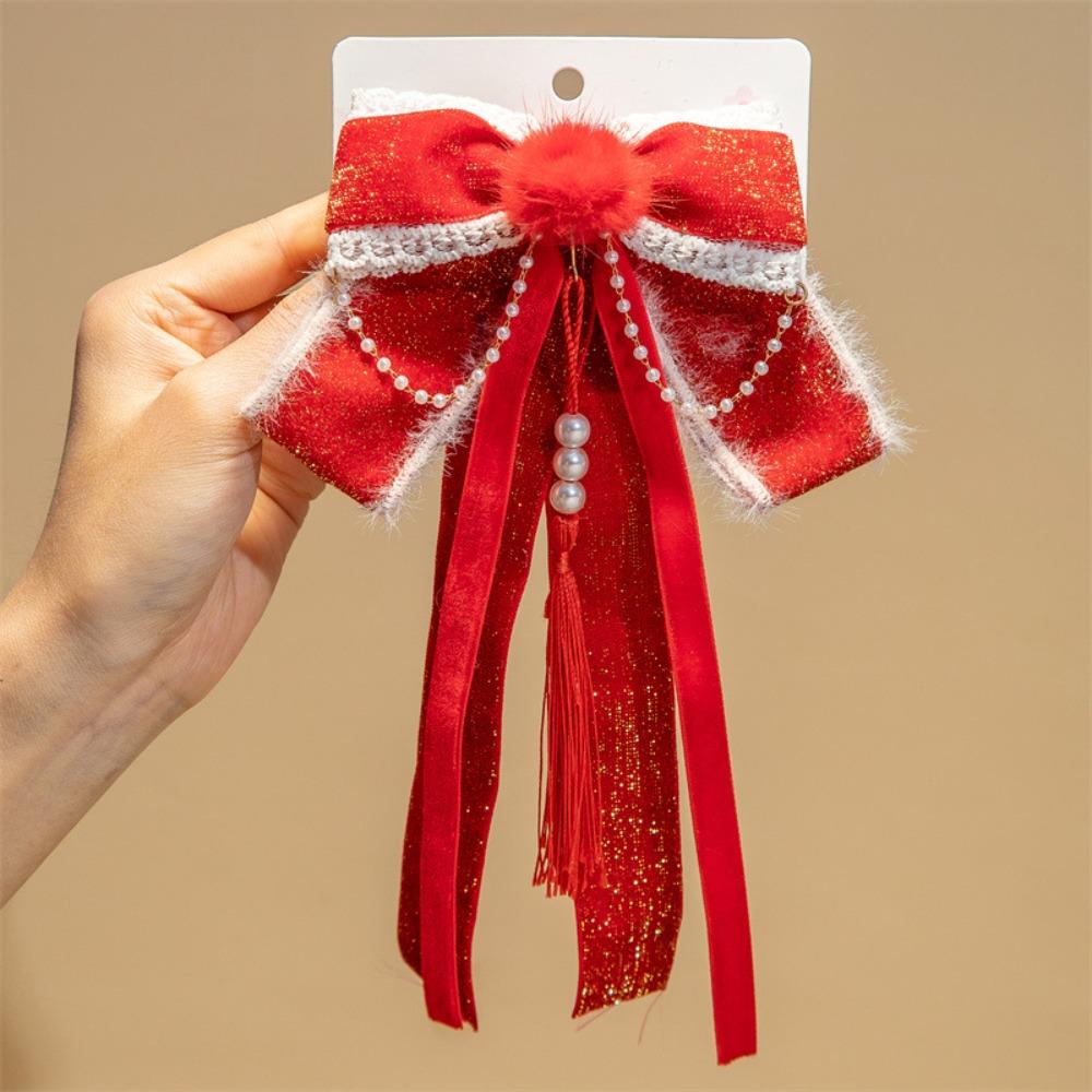 Tassel Red Bow Hair Clip Lion Embroidered Bow Headwear Children's Chinese Hairpin Decoration