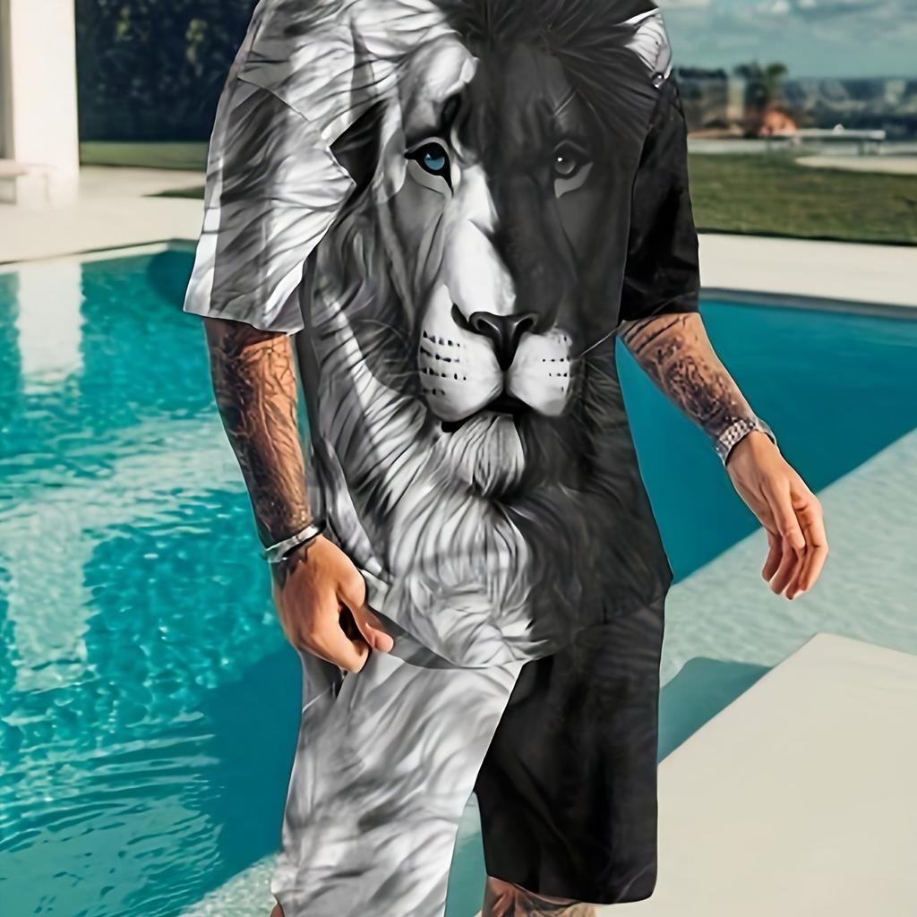 2PCS Plus Size Men's Summer Casual Suit Color Block Lion Print Short Sleeve T Shirt And Track Shorts Set Holiday Lounge Beach Sports Suit