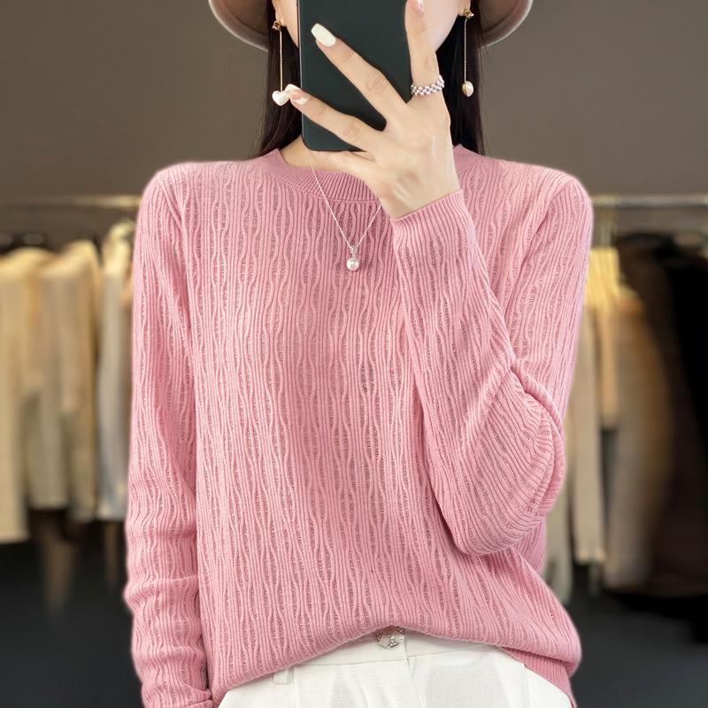 Round-neck Long-sleeved Women's Thin Loose Knitted Sweater, Exquisite Lantern-shaped Hollowed-out Knitted Top