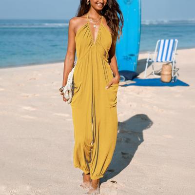 Dammode Halter Maxi Jumpsuit Plisserad Djup V-ringning En Del Jogger Långbyxor