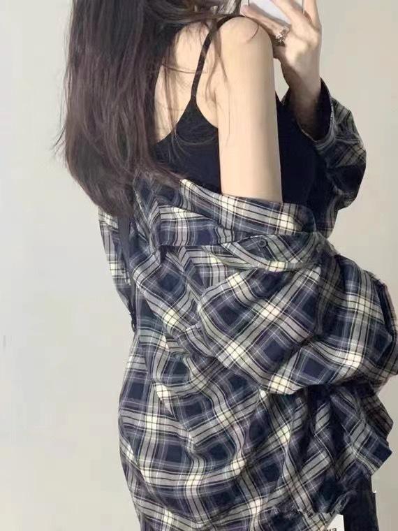 American Spice Girl Vintage Plaid Long Sleeve Red Shirt Women's Spring and Autumn Pure Desire Lazy Plaid Top Jacket Tide