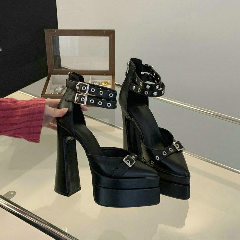 Mode Spitz Zehen Klobige Sandalen 2025 Frühling und Sommer Neu 14cm Schwarze Hohe Absätze Wasserdichte Plateau Damen Schuhe Show Einzelne Schuhe