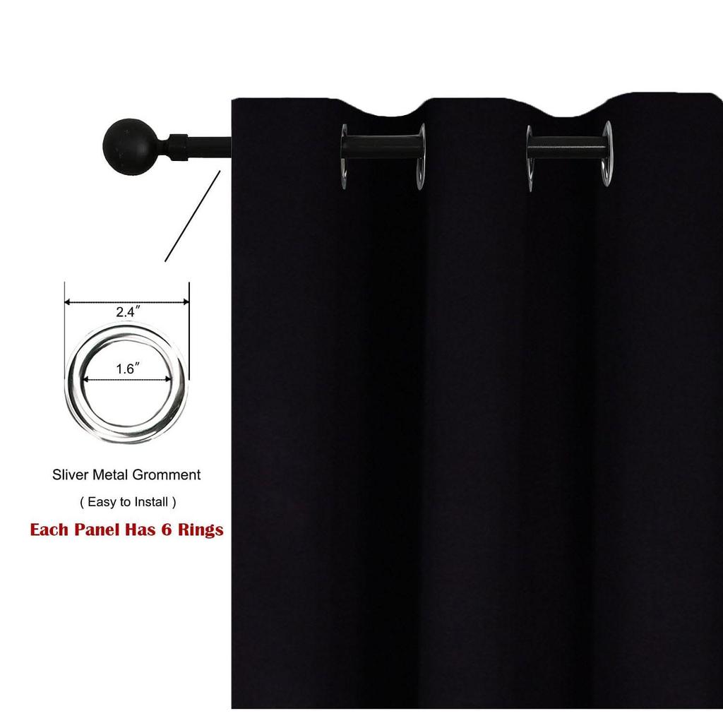 Pack of 2 100% Room Darkening Blackout Curtain Thermal Insulated, Heavy Panels, Black