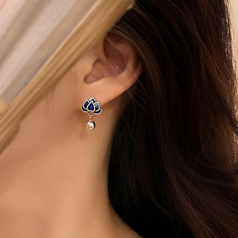 Style Ethnique Bleu Colle Lotus Boucle d'Oreille Bague pour Femme Bague Personnalisée Index Sens de Niche