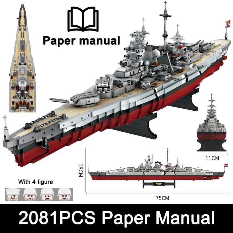 2081pcs Military WW2 Bismarck Battleship Large Boat Cruiser Model Weapon Building Blocks MOC Warship Set Toys for Children Gifts