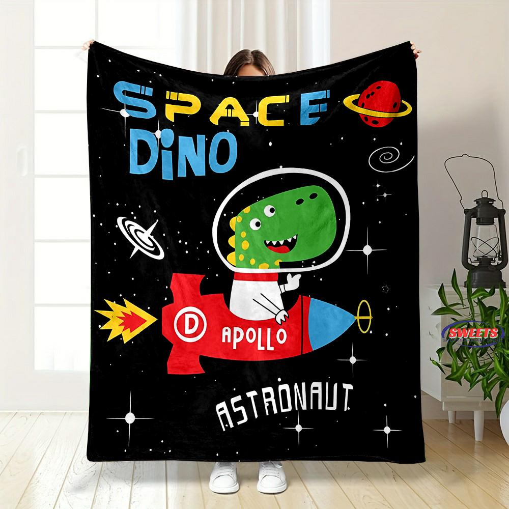Cartoon Dinosaurier Weltraum Muster weiche Flanelldecke für Bett Schlafzimmer Sofa Picknick, Warme Überwurfdecke zum Zudecken Outdoor Freizeit Nickerchen