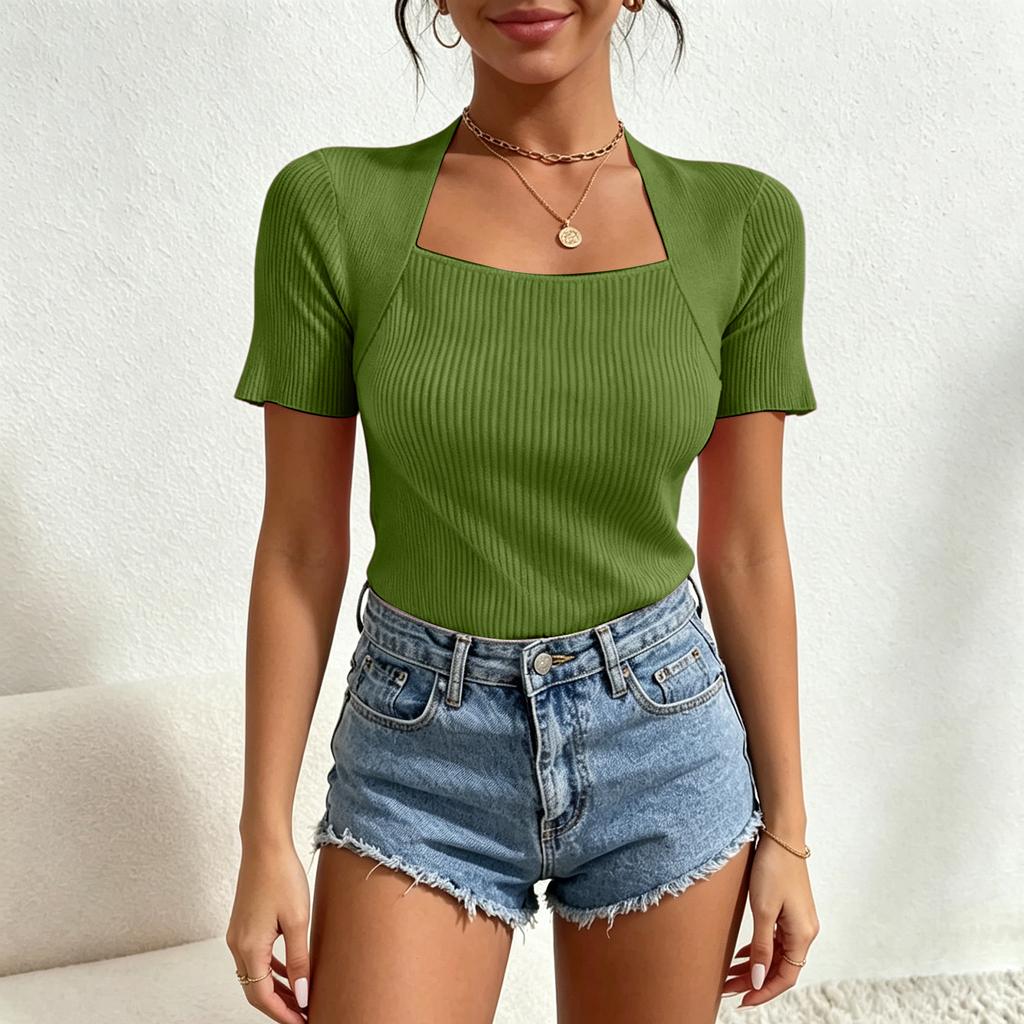 Women's Square Neck Short Sleeve Knit Top Slim Fit Color Casual Pullover Blouse