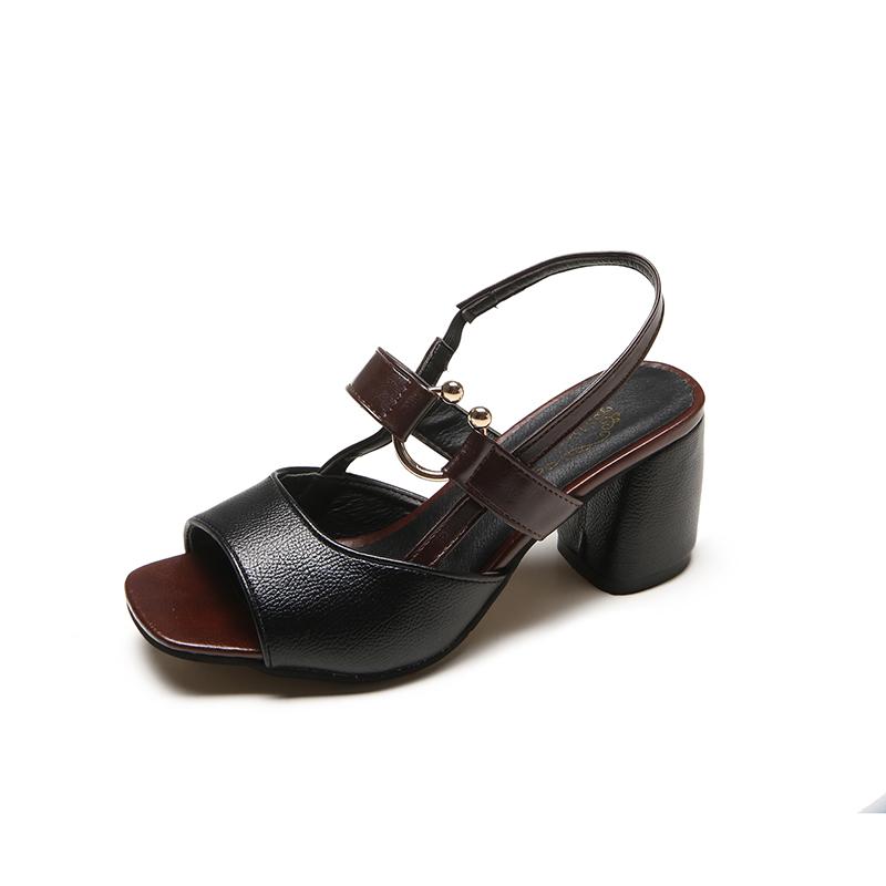 

Fashion Metallic Buckle Color Block Block Heel Sandals Autumn New Square Toe Open Toe Anti-slip Wear-resistant High Heels 35 чёрный