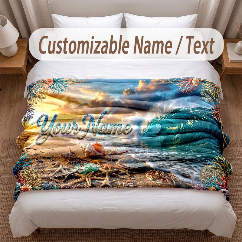 Fish Ocean Theme Soft Blanket Personalized Custom Name Text Print Warm Blanket Home Sofa Bedroom Decor